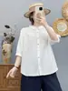 Camisa de Encaje con Tapeta de Botones de Manga Media Color Sólido Simple Estilo Casual Perezoso Corte Holgado para Mujer Doble Capa de Gasa Algodón Puro 67180