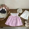 Conjunto de Colete para Meninas Transfronteiriço, Novo Estilo de Verão, Xadrez Elegante com Acabamento em Renda Suspenso, Conjunto de Duas Peças Sem Mangas da Moda para Bebê