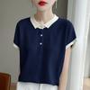 2026 Verano Nuevo Estilo Tejido Fino de Lana Camiseta de Manga Corta Cuello Polo para Mujer Jacquard Bloques de Color Camisa Base Superior