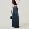 Jeans Feminino Azul Escuro de Cintura Alta com Barra Larga - Novo para Primavera e Outono - Calça Reta Solta Emagrecedora - Nova Calça Longa