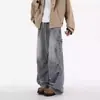 Calça Jeans de Trabalho Masculina 2025 Verão Novo Estilo com Bolsos Grandes, Design Pregueado, Estilo High Street Americano, Calça Casual de Corte Reto