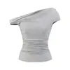 Camiseta Elegante Estilo Irmã Sal Leve com Nó Torcido em Um Ombro e Manga Curta Levemente Franzida Slim Fit para Mulheres, Novo Top Elegante de Manga Curta Assimétrico Fora do Ombro para o Verão