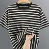 Camiseta Masculina Pesada 270g Retro com Ombro Caído e Manga Curta, Listrada, Caimento Solto, Estilo Retro Japonês, Versátil Casual com Gola Redonda
