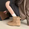 Botines Retro Estilo Francés con Plantillas Ocultas que Aumentan la Altura, Colección Nueva 2026 para Mujer, con Hebillas de Cinturón, Diseño Estilo Western y Efecto Fruncido con Tacón de Bloque, Similares a las Botas Martin