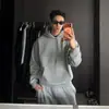 Sudadera de Manga Larga Gruesa Estilo Americano con Forro de Polar 500g Cálida Color Sólido Sudadera Recta Holgada Pantalones Casuales Anchos Cortos Hombre