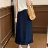 Falda Casual de Color Sólido Azul Oscuro de Moda Versátil para Mujer con Dobladillo de Encaje, Falda Retro Estilo Coreano que Reduce la Edad y Adelgaza