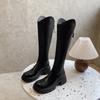 Botas Longas V-Mouth Botas Femininas But Knee Knight Outono e Inverno Novo Emagrecimento Cabeça Redonda Fundo Grosso Alta All-Match Botas Longas