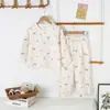 Pijama Feminino, Roupas Casuais Frescas de Verão para Meninos, Conjuntos Fofos de Cardigan com Desenhos Animados, Roupas Soltas com Ar Condicionado para Crianças