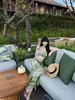 Tailandia Costa Foto Vacaciones Traje de Baño Mujer Verano Verde Estampado Plisado Tubo Superior Falda de Cintura Alta Conjunto de Dos Piezas