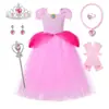 Diseño Original Ropa de Princesa para Niña Disfraz de Princesa Peach de Mario Corona Cetro Vestido de Reina