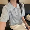 Top de punto calado con trenzas y cuello polo de manga corta para mujer, nuevo diseño fino de verano 2026, camiseta holgada