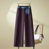 Pantalones cropped de pierna ancha con cordones de encaje retro francés hechos a medida para mujer, nuevo estilo de otoño, cintura elástica en la espalda, adelgazantes y con caída, versátiles