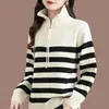 Suéter de punto a rayas con cremallera estilo coreano transfronterizo, nuevo otoño e invierno, bloques de color vintage, corte holgado, adelgazante, jersey casual