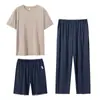 Pijama de Verano para Hombre Tres Piezas Cuello Redondo Pulóver Algodón Modal Manga Corta Pantalones Cortos Pantalones Ropa de Casa Traje de Hombre MO