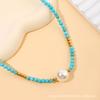 Collar de acero titanio chapado al vacío turquesa azul con cuentas de perlas de vidrio, temperamento para mujer, nuevo collar de cadena para clavícula al por mayor