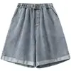 Toma real de shorts de mezclilla de tiro alto, holgados, adelgazantes, para tallas grandes, pantalones de pierna ancha, jeans lavados con dobladillo enrollado