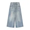 Calça jeans cropped reta americana retrô com lavagem desgastada para mulheres, moda verão, corte solto, plus size, perna larga, jeans comprimento 8/10