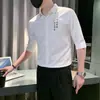Camisa de Manga Corta para Hombre de Negocios Fresca Bordada Ajustada 2026 Nueva Verano Seda de Hielo Casual Camisa Blanca