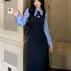 Vestido tipo polo de manga corta con bloques de color y patchwork estilo universitario para mujer, adecuado para primavera y otoño, con diseño de dos piezas simulado y tirantes, para ventas transfronterizas