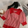 Estilo Transfronteiriço Novo Verão Roupas Femininas Estilo de Hong Kong Cor Contrastante Gola Polo Listrado Top Fino Versátil Manga Curta Malha Tendência