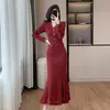 Vestido de Cola de Pescado de Encaje Peludo de Manga Larga con Cuello en V, Elegante, de Alta Gama, con Estilo, Retro, Vestido Largo de Noche