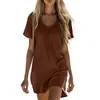 2026 Nuevo Estilo Transfronterizo Europeo y Americano para Mujer Vestido Casual Cómodo de Algodón y Lino de Color Sólido con Mangas Cortas y Cuello en V con Bolsillo