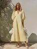 Nuevo Vestido de Lino Estilo Europeo y Americano Transfronterizo para Mujer, Cuello en V, Mangas Abullonadas, Ceñido a la Cintura, Adelgazante, Estilo Vacacional, Largo Medio Línea A