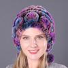 Cálido Gorro Grueso con Protección para las Orejas de Piel de Conejo Rex Tres Pompones Otoño e Invierno Gorro Redondo Tejido Sombrero de Lana para Mujer