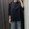 Camisa de Lino Mezclado para Mujer con Cuello Alto/Manga 3/4, Camisa para Aire Acondicionado, Top de Color Sólido, Nuevo Estilo de Primavera Al483873