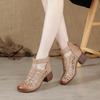 Sandalias Romanas de Cuero de Verano para Mujer, Tacón Grueso Retro, Transpirables Huecas, Zapatos de Madre, Sandalias de Mujer Redondas Tejidas