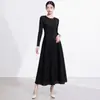 Vestido Miyake de manga larga para mujer, cuello redondo, ceñido a la cintura, adelgazante, falda amplia de línea A, elegante para ir al trabajo, falda tulipán plisada, comercio exterior