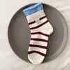 Calcetines de tela a rayas con doble volante para Primavera y Otoño, bloques de color, para cachorro, de media pantorrilla, para estudiante, algodón puro, sin costuras, resistentes al olor, absorbentes de sudor, estilo holgado