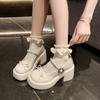 Zapatos pequeños de piel con lazo francés de perlas para mujer Verano Nuevo Versátiles Zapatos Mary Jane Hebilla de una línea Tacón grueso Mocasines para mujer