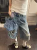 Shorts de mezclilla elásticos rotos de tiro alto para mujeres petite, nuevo estilo de verano, versátiles y adelgazantes, pantalones cropped de pierna ancha de longitud media para mujeres de talla grande