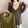 Coleção nova de 2026: top de tricô com botões, listrado, color block, estilo americano, outono/inverno, plus size, manga longa