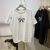 Bolsa de algodão feminina gola criativa laço estampado camiseta de manga curta 2024 Verão nova moda top solto de comprimento médio