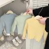 Suéter de punto de cuello alto estilo francés para niñas, Primavera y Otoño, Estilo Bebé, Empalme de Encaje, Camisa de Manga Larga para Capas