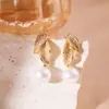 Pendientes Exquisitos de Zircona con Forma de Hoja y Perla Franceses, Modernos y Elegantes, Pendientes Versátiles, Pendientes de Lujo Ligero y de Alta Gama para Mujer