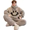 Pijama Espeso Cálido de Coral Fleece para Hombre Otoño/Invierno, Cárdigan con Capucha para Adolescente Ropa de Casa, Manga Larga Cuello Alto