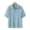 Top de cuello camisero para mamá, Camiseta de algodón y lino bordada de manga corta para verano, Ropa casual holgada para mediana edad y mayores, Traje de mujer