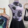 Foto Real Senso de Design Malha Tie-Dye Estampada Camiseta de Manga Curta Curta Plissada Irregular Top Hot Girl Ombro a Ombro 8721