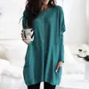Camiseta de Manga Murciélago de Primavera y Otoño Estilo Europeo y Americano para Mujer, Disponible, Camiseta Básica, Nuevo 2024, Casual, Cuello Redondo, Bolsillo, Manga Larga