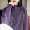 Suéter de punto de cuello medio para otoño e invierno para mujer, cárdigan de color liso, suéter abrigo holgado de manga larga, elegante y moderno