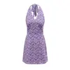 L26182-26 Novo Estilo Primavera Cedo Estilo Pastoral Francês Fresco e Casual Vestido Floral Roxo com Laço no Pescoço