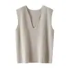 Chaleco de punto de cachemira de color liso de doce puntos para mujer con cuello en V profundo, corte holgado, adelgazante, prenda exterior