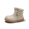 Botas de couro quentes com pelúcia para meninas 2026 inverno novo botas curtas de pele de princesa sola macia laço botas de algodão