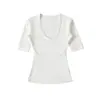 Camiseta sexy de color liso, manga media, cuello en V profundo, estilo puramente deseable para mujer, top base de yoga ajustado estilo americano al por mayor