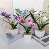 Nuevo Macetero Cuadrado de Piedra Blanca con 2 Tenedores y 5 Orquídeas Mariposa, Planta en Maceta para Decoración de Sala de Estar Balcón en Casa, Bonsái de Flor Artificial