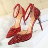 283-A5 Zapatos Sexy Huecos Europeos y Americanos para Mujer Decorativos de Metal Tacones Altos Boca Baja Punta Afilada Lentejuelas Tira de una Palabra Sandalias Cut Out