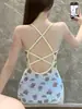 Traje de Banho Racing Triângulo Peça Única Desenho Animado de Menina para Estudantes Femininas Conservador Decote Baixo Camada Dupla com Bojo para Evitar Bolsas de Água